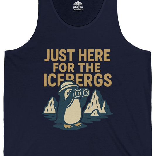 Just Here For The Icebergs Penguin Shirt Tank Top – Navy – Alaska Cruise Shirts Close Up