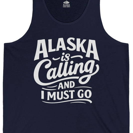 Alaska Is Calling Adventure Typography tank top Tank Top – Navy – Alaska Cruise Shirts Close Up