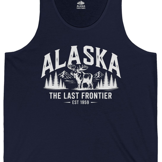 Alaska The Last Frontier Moose Mountain Wilderness Graphic Shirt — Tank Top Tank Top – Navy – Alaska Cruise Shirts Close Up