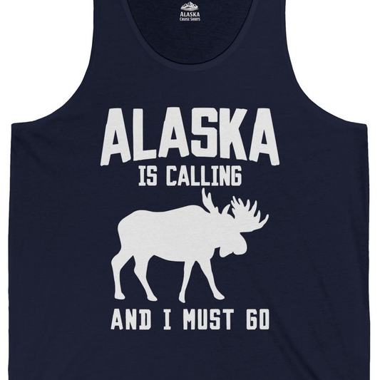 Alaska Is Calling Moose Silhouette Shirt Tank Top – Navy – Alaska Cruise Shirts Close Up