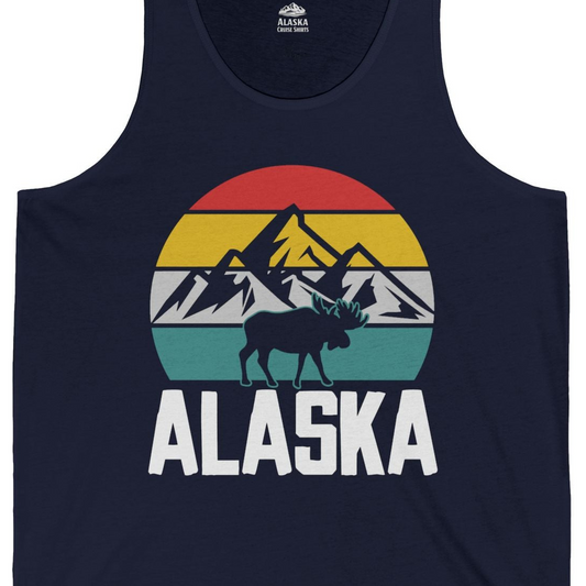 Retro Alaska Moose Silhouette Shirt Tank Top – Navy – Alaska Cruise Shirts Close Up