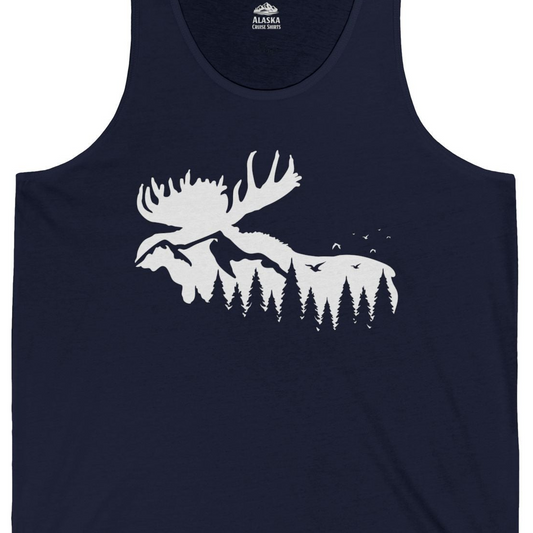 Moose Silhouette Forest Scene Shirt Tank Top – Navy – Alaska Cruise Shirts Close Up