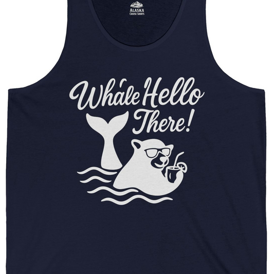 Whale Hello There Shirt Tank Top – Navy – Alaska Cruise Shirts Close Up