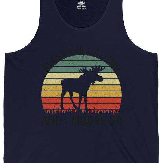 Alaska Is Calling And I Moose Go Retro Sunset Moose Graphic Shirt — Tank Top Tank Top – Navy – Alaska Cruise Shirts Close Up