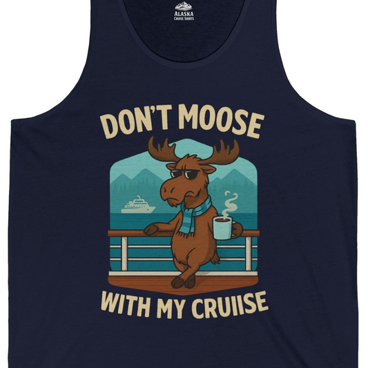 Funny Moose on Alaska Cruise Ship Shirt Tank Top – Navy – Alaska Cruise Shirts Close Up
