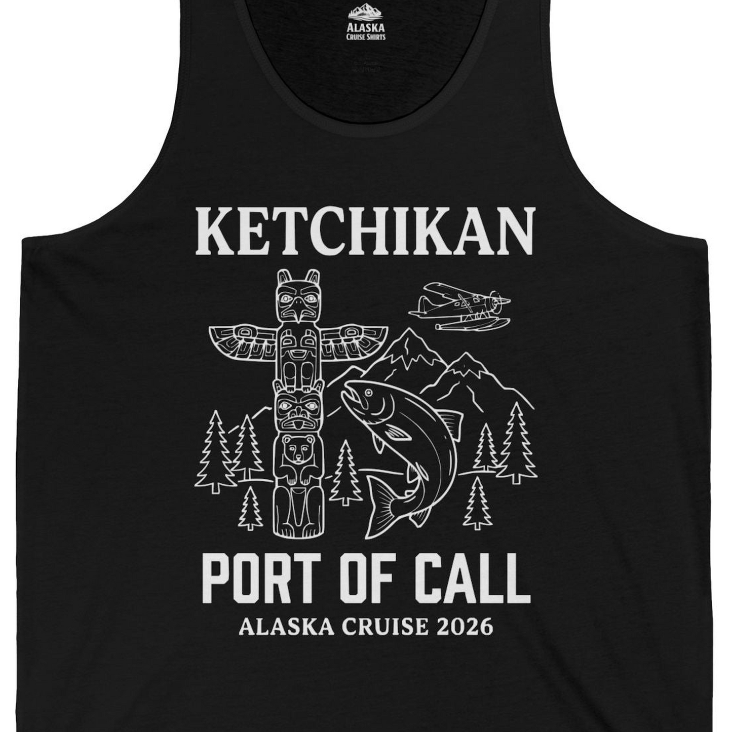 Ketchikan Alaska Cruise Port of Call Totem Wildlife Adventure Shirt — Tank Top Tank Top – Black – Alaska Cruise Shirts Close Up