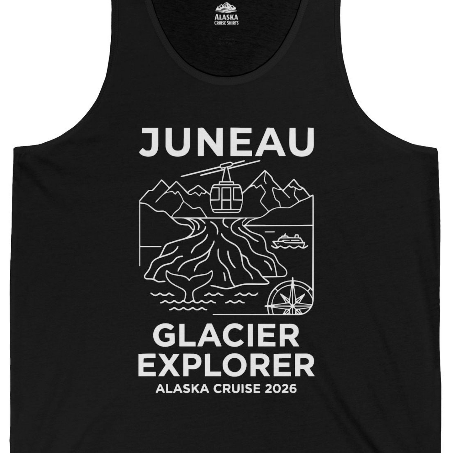 Juneau Glacier Explorer Alaska Cruise 2026 Adventure Shirt — Tank Top Tank Top – Black – Alaska Cruise Shirts Close Up