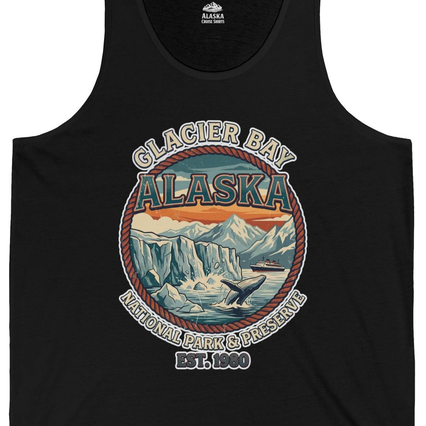Glacier Bay Alaska National Park Vintage Nature Scene Shirt — Tank Top Tank Top – Black – Alaska Cruise Shirts Close Up