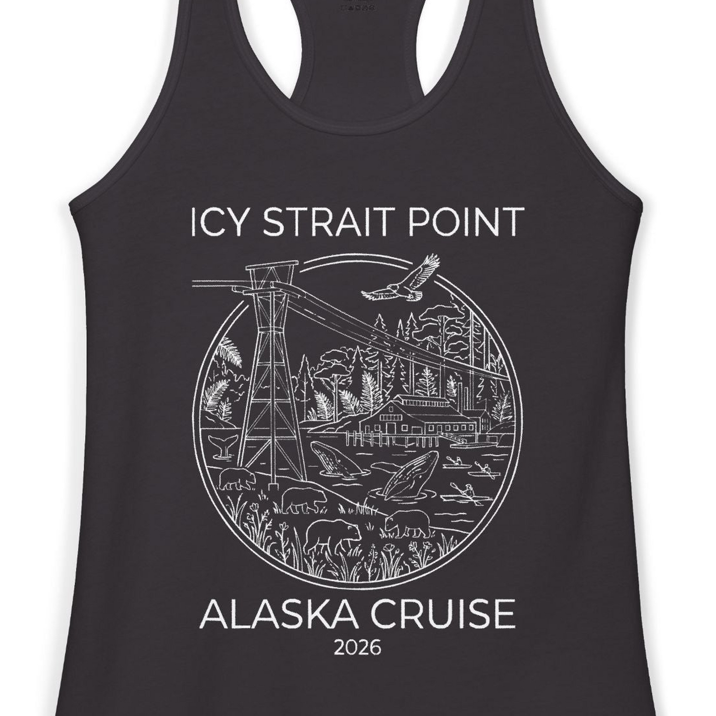 Icy Strait Point Alaska Cruise 2026 Nature Adventure T-Shirt — Ladies Tank Tank Top – Black – Alaska Cruise Shirts Close Up
