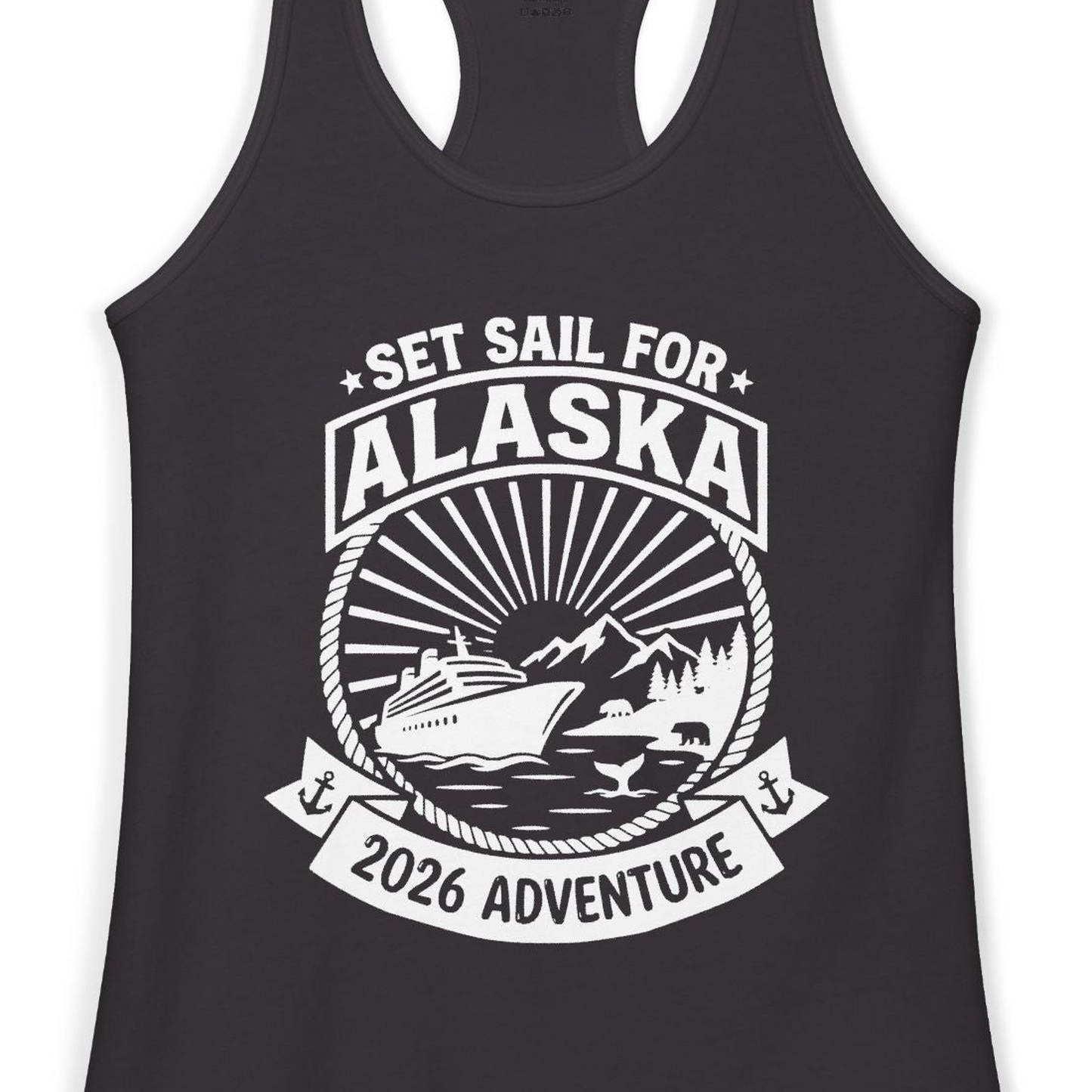 Set Sail for Alaska 2026 Adventure Vintage Cruise Shirt — Ladies Tank Tank Top – Black – Alaska Cruise Shirts Close Up