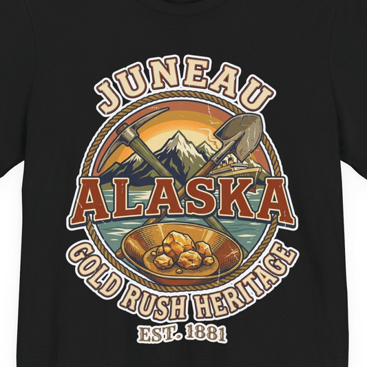 Juneau Alaska Gold Rush Heritage Vintage Travel T-Shirt — Premium Tee T-Shirt – Alaska Cruise Shirts Close Up