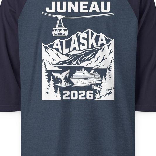 Juneau Alaska Cruise 2026 Scenic Whale and Cable Car Shirt — 3/4 Sleeve T-Shirt – Alaska Cruise Shirts Close Up
