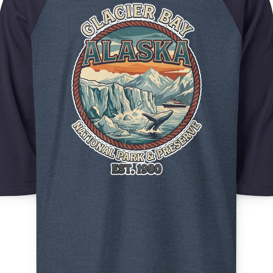 Glacier Bay Alaska National Park Vintage Nature Scene Shirt — 3/4 Sleeve T-Shirt – Alaska Cruise Shirts Close Up