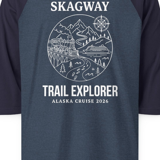 Skagway Trail Explorer Alaska Cruise Scenic Adventure Shirt — 3/4 Sleeve T-Shirt – Alaska Cruise Shirts Close Up