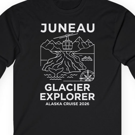 Juneau Glacier Explorer Alaska Cruise 2026 Adventure Shirt — Long Sleeve T-Shirt – Alaska Cruise Shirts Close Up