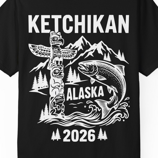 Ketchikan Alaska 2026 Totem Pole and Salmon Souvenir Shirt — Comfort T-Shirt – Alaska Cruise Shirts Close Up
