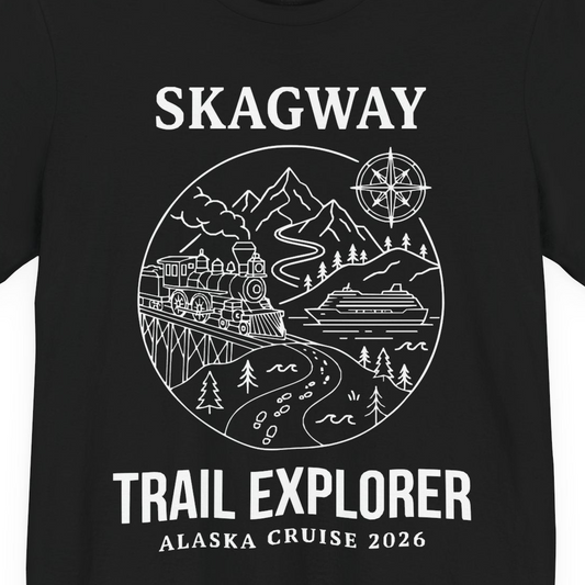 Skagway Trail Explorer Alaska Cruise Scenic Adventure Shirt — Premium Tee T-Shirt – Alaska Cruise Shirts Close Up