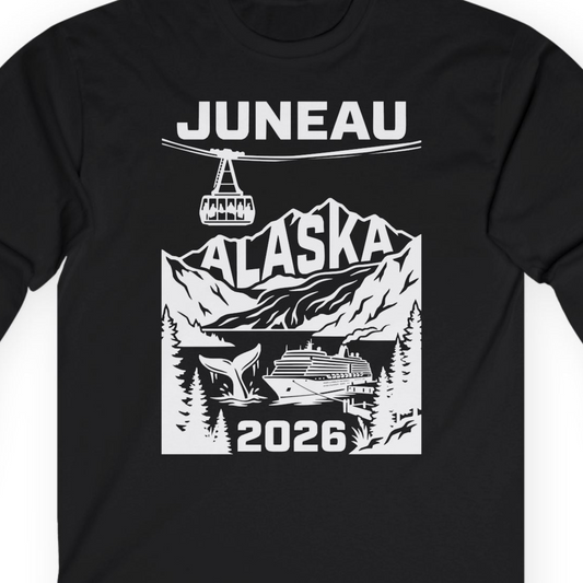 Juneau Alaska Cruise 2026 Scenic Whale and Cable Car Shirt — Long Sleeve T-Shirt – Alaska Cruise Shirts Close Up