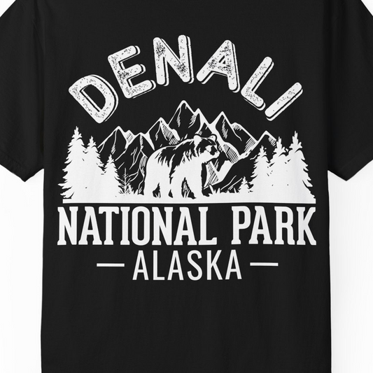 Denali National Park Bear Mountains Vintage Alaska Nature Shirt — Comfort T-Shirt – Alaska Cruise Shirts Close Up