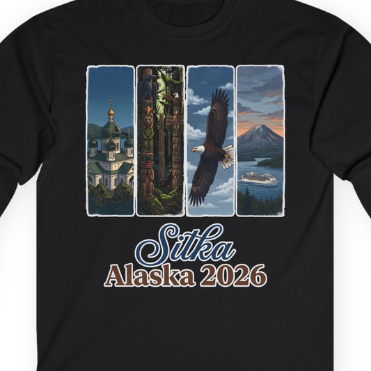 Sitka Alaska 2026 Cruise and Wildlife Souvenir Graphic Shirt — Long Sleeve T-Shirt – Alaska Cruise Shirts Close Up