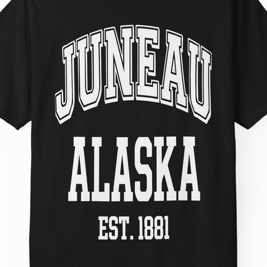 Juneau Alaska Est 1881 Classic Collegiate Souvenir Shirt — Comfort T-Shirt – Alaska Cruise Shirts Close Up