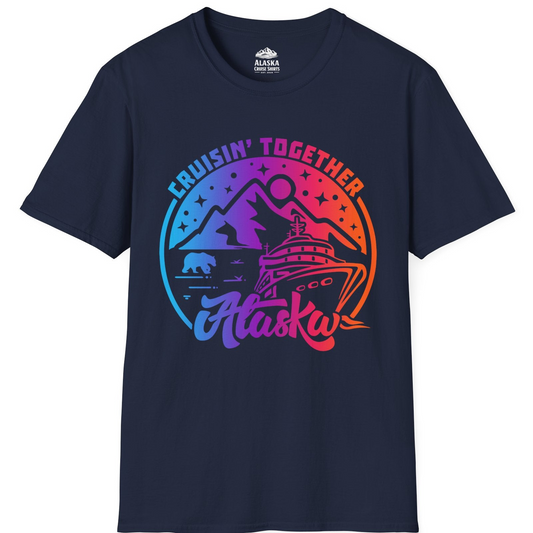 Alaska Cruise Shirt - Mountain Scenery Retro Wildlife Gradient Design T-Shirt – Navy – Alaska Cruise Shirts