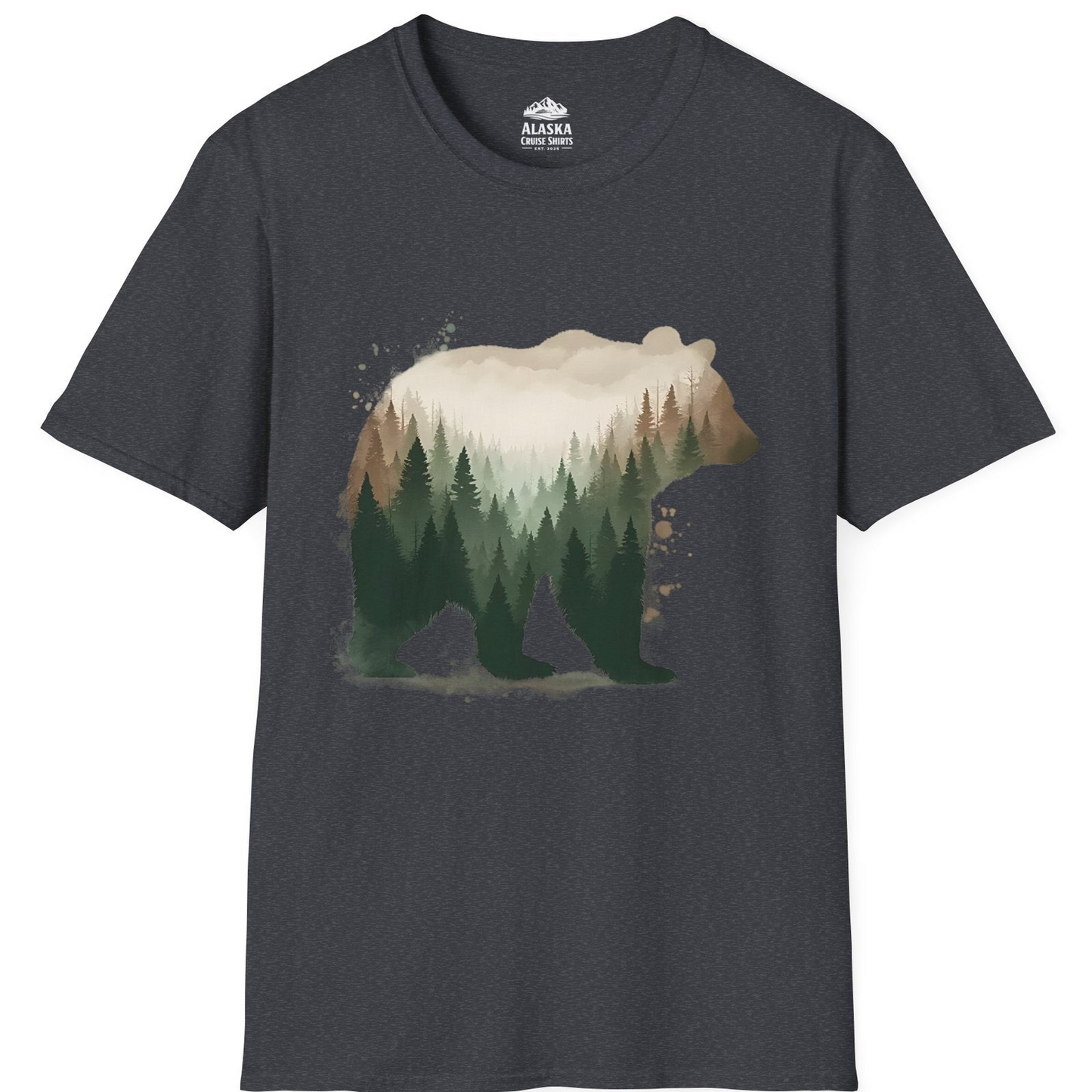 Double Exposure Bear Forest Shirt - Watercolor Nature Wildlife Tee T-Shirt – Dark Heather Grey – Alaska Cruise Shirts