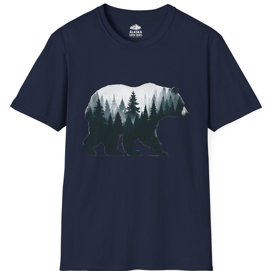 Double Exposure Bear Forest Silhouette Wilderness Shirt for Nature Lovers T-Shirt – Navy – Alaska Cruise Shirts