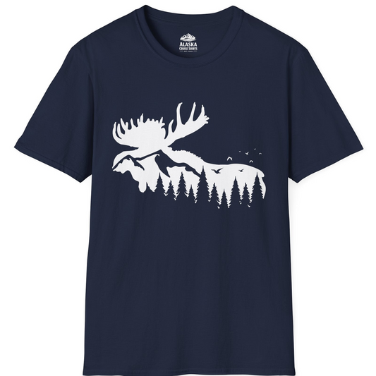 Moose Silhouette Forest Scene Shirt - Alaska Wilderness Nature Tee T-Shirt – Navy – Alaska Cruise Shirts