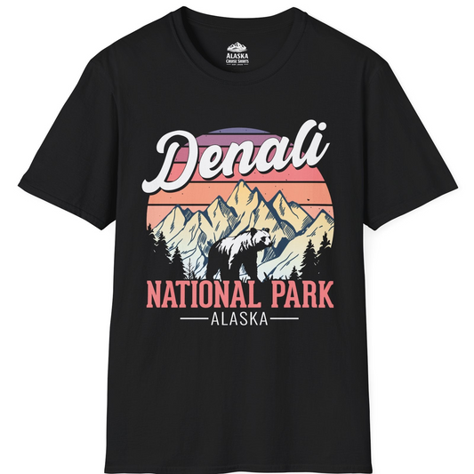 Retro Denali National Park Alaska Bear Mountains Vintage Shirt T-Shirt – Black – Alaska Cruise Shirts