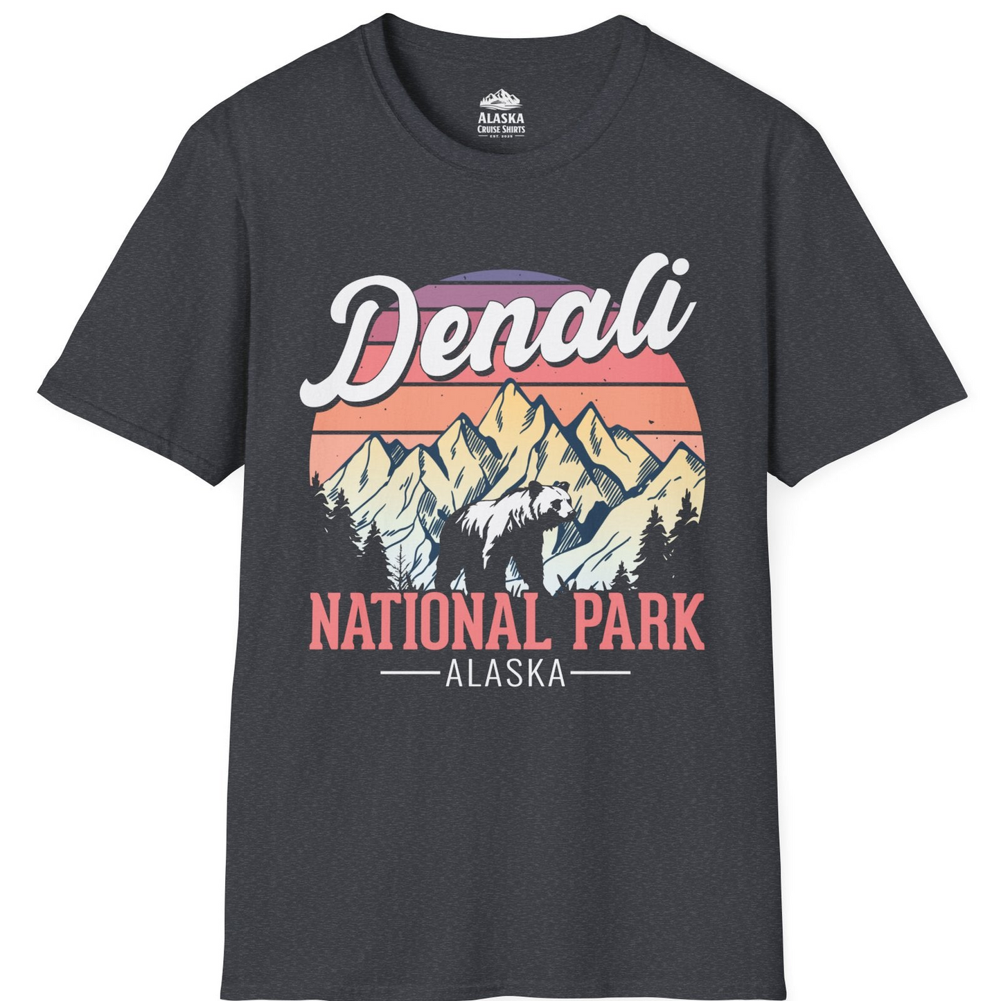 Retro Denali National Park Alaska Bear Mountains Vintage Shirt T-Shirt – Dark Heather Grey – Alaska Cruise Shirts