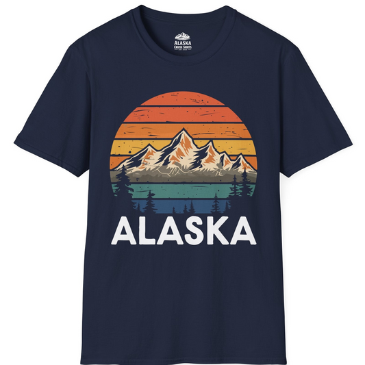 Retro Alaska Mountain Scenery Shirt - Vintage Denali Sunset Tee T-Shirt – Navy – Alaska Cruise Shirts