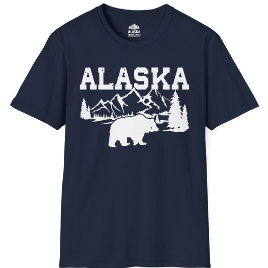 Alaska Bear Shirt - Wilderness Mountains and Trees Nature Silhouette Tee T-Shirt – Navy – Alaska Cruise Shirts