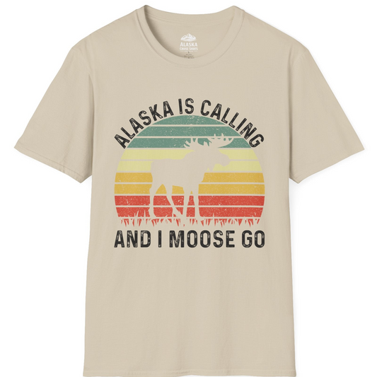 Alaska Is Calling And I Moose Go Retro Sunset Moose Graphic Shirt T-Shirt – Sand – Alaska Cruise Shirts