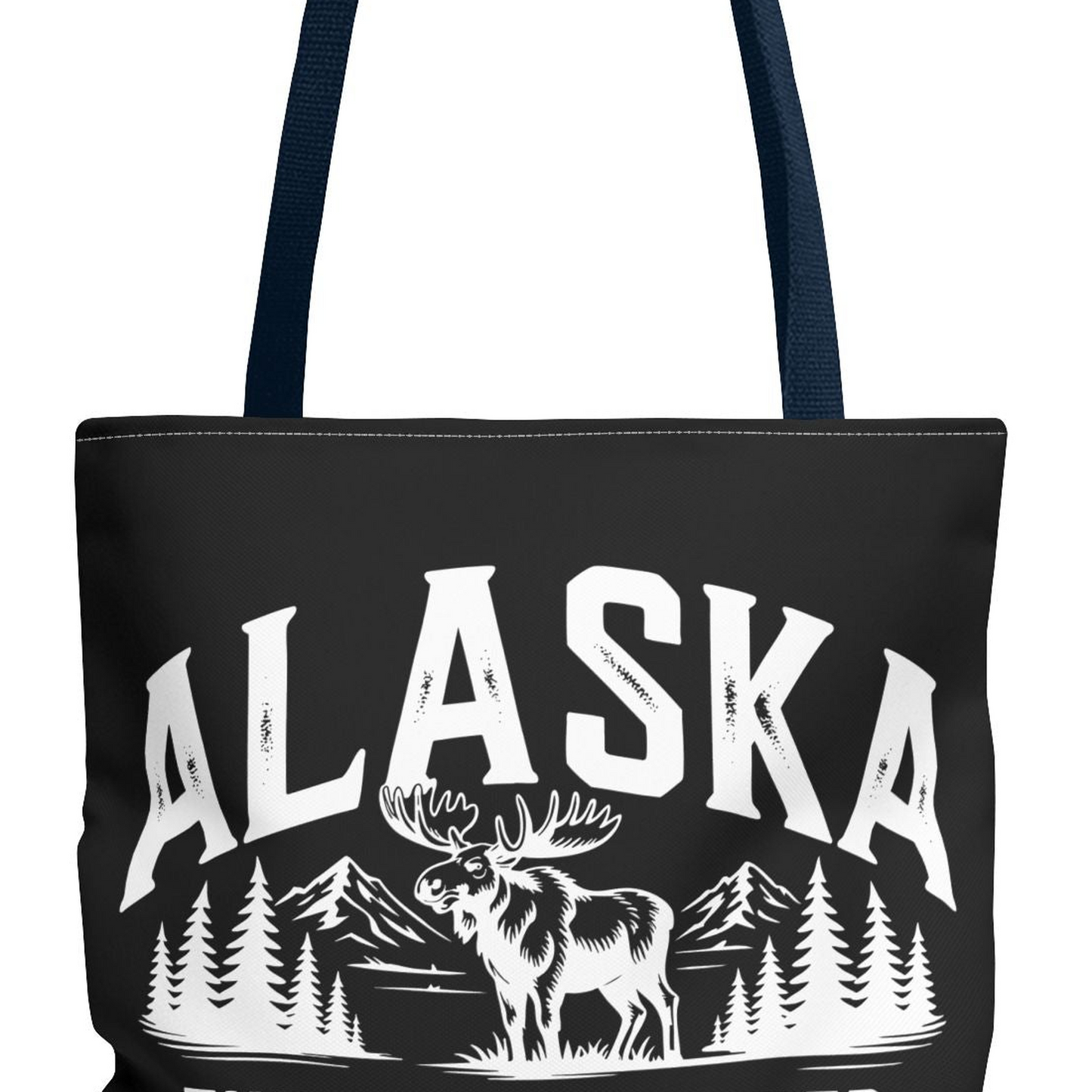 Alaska Moose Tote Bag — 'The Last Frontier' Vintage Mountain Travel Tote T-Shirt – Navy – Alaska Cruise Shirts Close Up