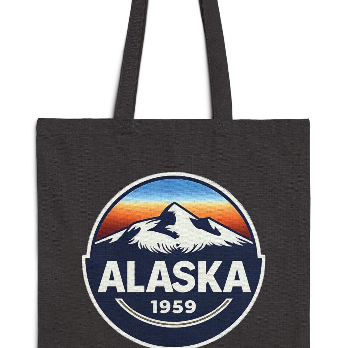 Alaska 1959 Mountain Canvas Tote Bag — Retro State Travel Market Tote T-Shirt – Black – Alaska Cruise Shirts Close Up