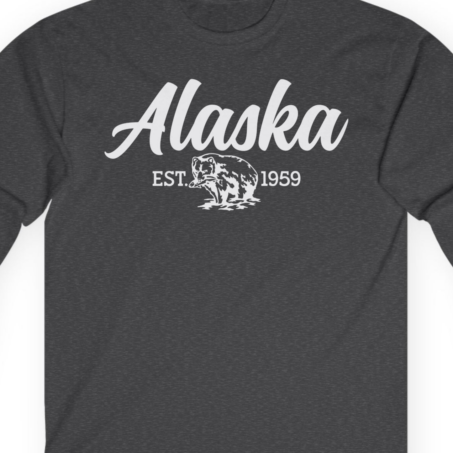 Alaska Bear Est 1959 Vintage Wildlife Graphic Monochrome Shirt — Long Sleeve T-Shirt – Dark Heather – Alaska Cruise Shirts Close Up