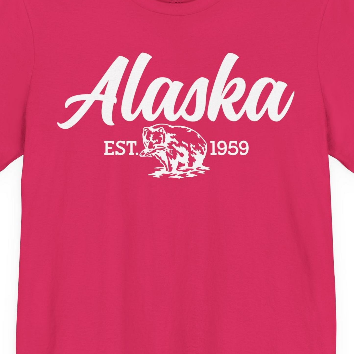 Alaska Bear Est 1959 Vintage Wildlife Graphic Monochrome Shirt — Premium Tee T-Shirt – Fuchsia – Alaska Cruise Shirts Close Up