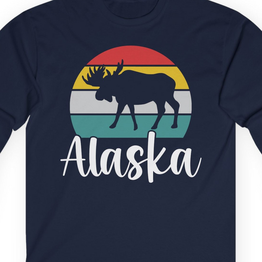 Retro Alaska Moose Silhouette Shirt T-Shirt – Navy – Alaska Cruise Shirts Close Up