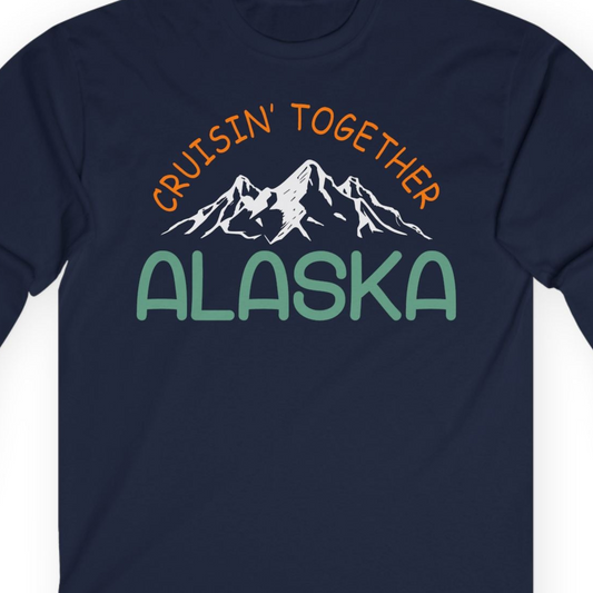 Cruisin Together Alaska Mountain Adventure Cruise Graphic Shirt — Long Sleeve T-Shirt – Navy – Alaska Cruise Shirts Close Up