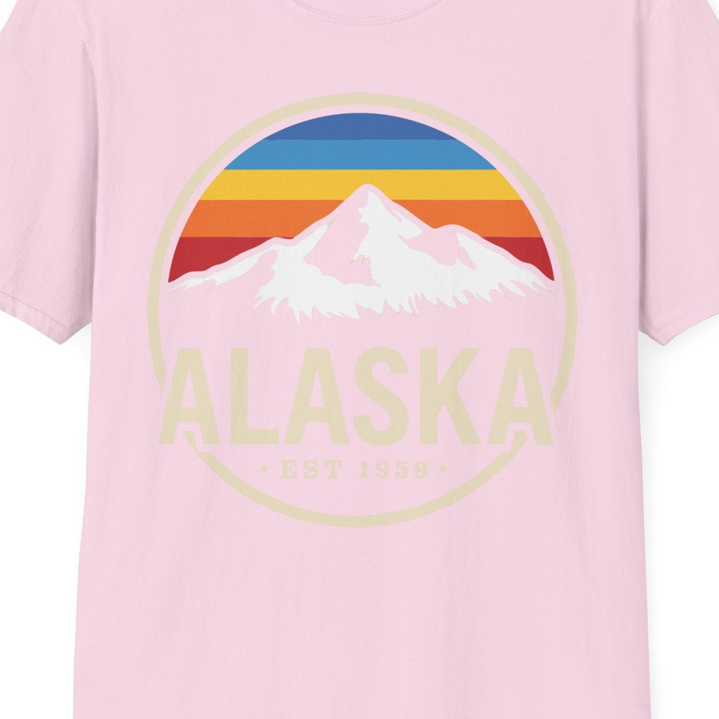 Alaska Vintage Mountain Sunset Shirt T-Shirt – Light Pink – Alaska Cruise Shirts Close Up