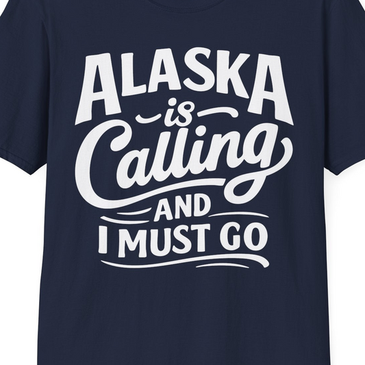 Alaska Is Calling Adventure Typography Shirt T-Shirt – Navy – Alaska Cruise Shirts Close Up