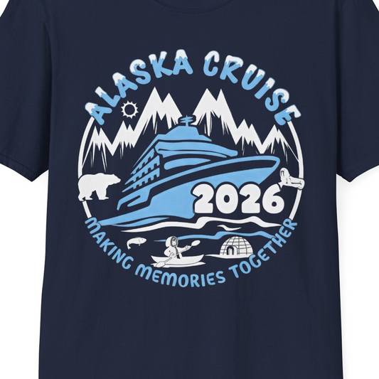 Alaska Cruise 2026 Family Adventure Shirt with Wildlife and Nature — T-Shirt T-Shirt – Navy – Alaska Cruise Shirts Close Up