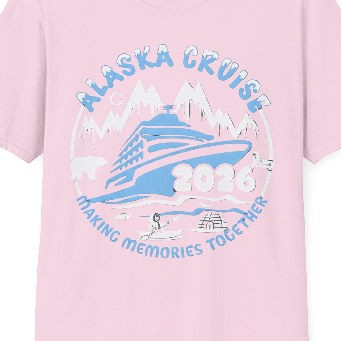 Alaska Cruise 2026 Family Adventure Shirt with Wildlife and Nature — T-Shirt T-Shirt – Light Pink – Alaska Cruise Shirts Close Up