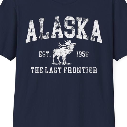 Vintage Alaska Moose Shirt T-Shirt – Navy – Alaska Cruise Shirts Close Up