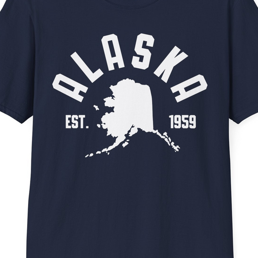 Vintage Alaska State Outline Est 1959 Retro Collegiate Shirt — T-Shirt T-Shirt – Navy – Alaska Cruise Shirts Close Up