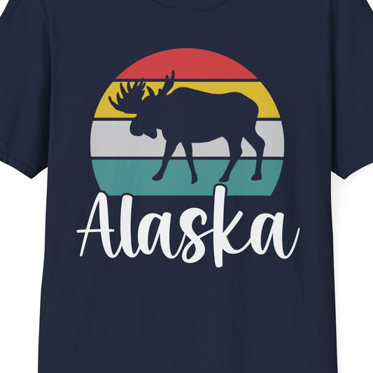 Retro Alaska Moose Silhouette Shirt T-Shirt – Navy – Alaska Cruise Shirts Close Up