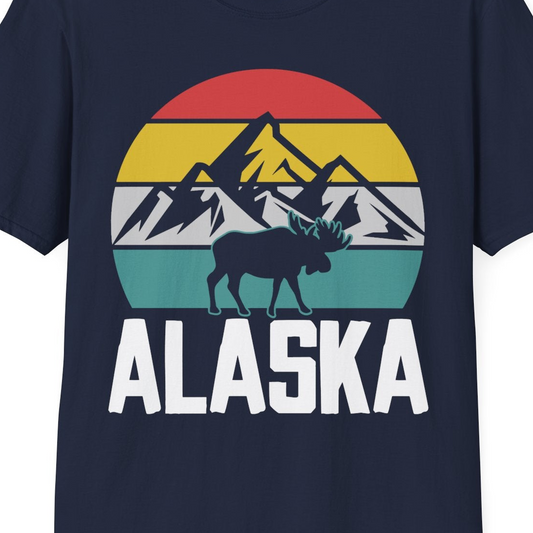 Retro Alaska Moose Silhouette Shirt T-Shirt – Navy – Alaska Cruise Shirts Close Up