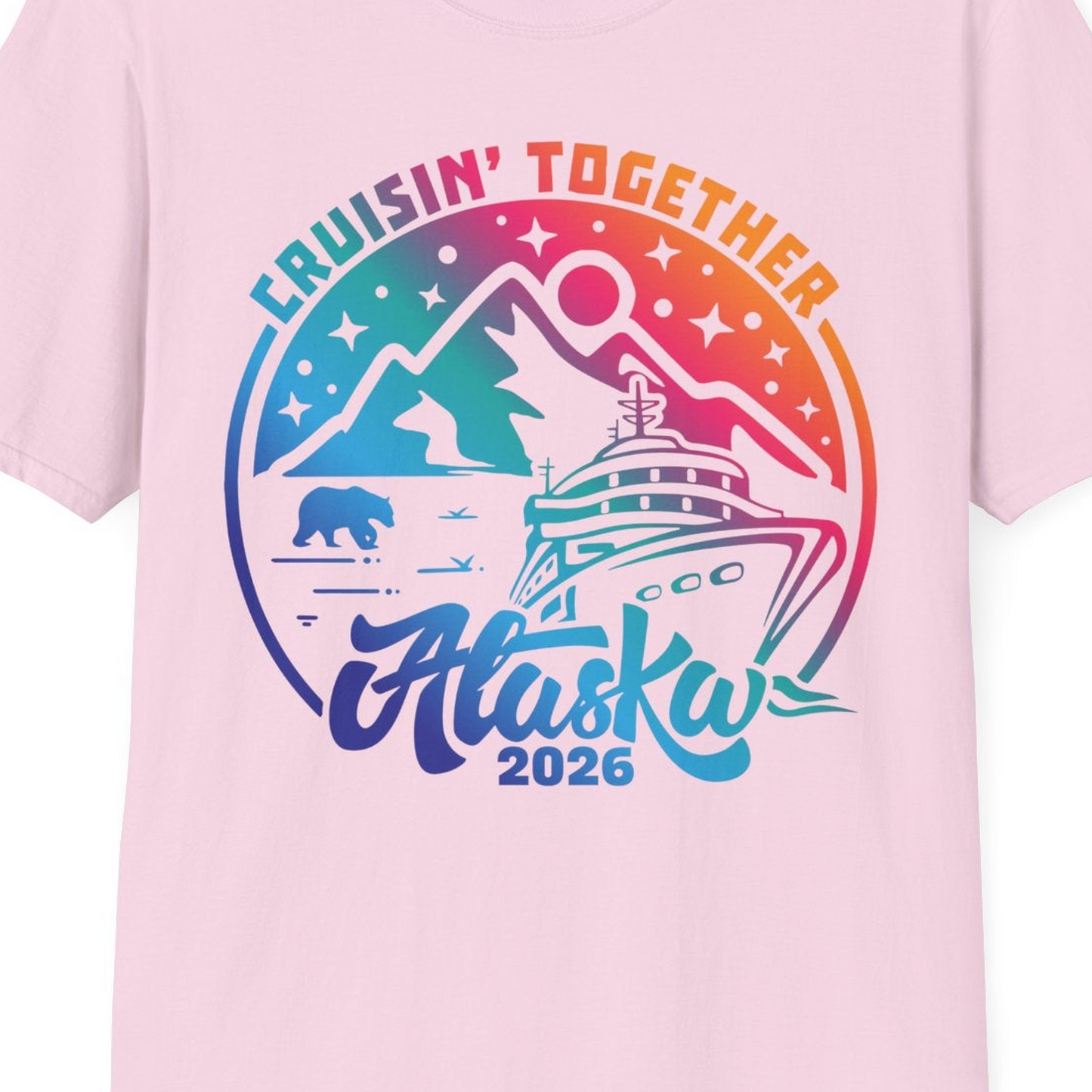 Alaska Cruise Adventure Mountains Wildlife Retro Family Group Shirt 2026 — T-Shirt T-Shirt – Light Pink – Alaska Cruise Shirts Close Up