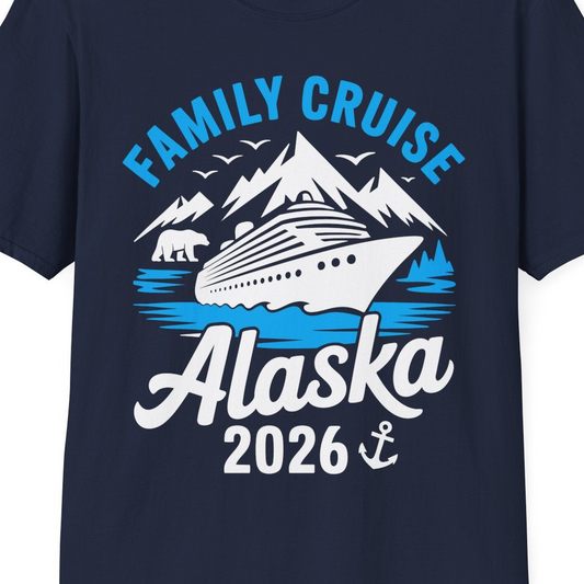 Alaska Family Cruise Shirt 2026 Mountains Wildlife Adventure Tee — T-Shirt T-Shirt – Navy – Alaska Cruise Shirts Close Up